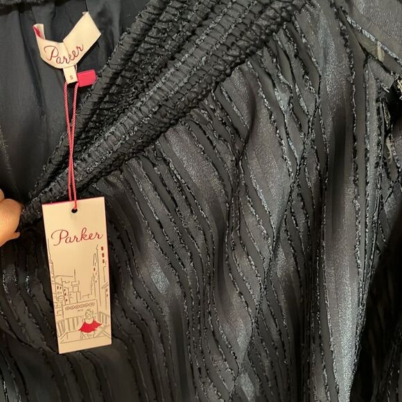 PARKER (NWT) Smocked Off-The-Shoulder Smocked Neck Navy Blouse, Striped, Size S - Picture 7 of 11